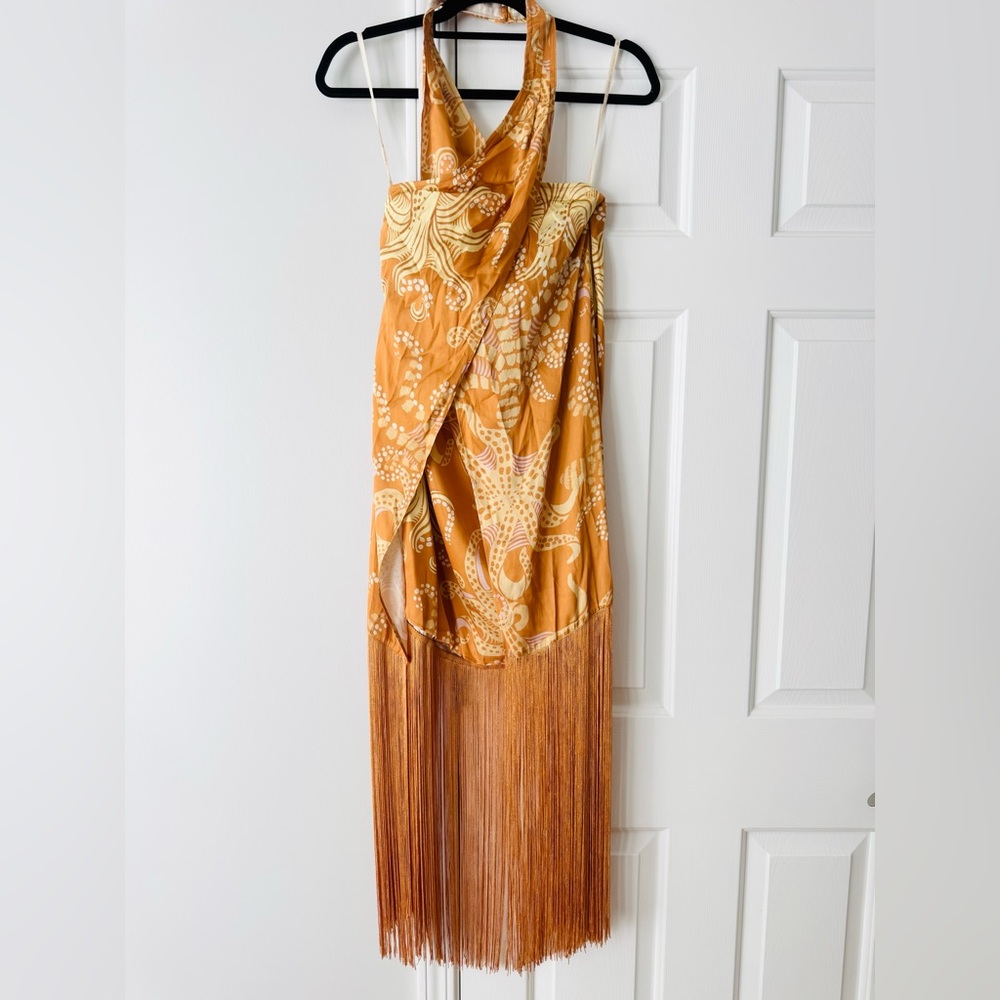 FARM Rio Orange Paisley Halter Fringe Mini Dress - Picture 5 of 12
